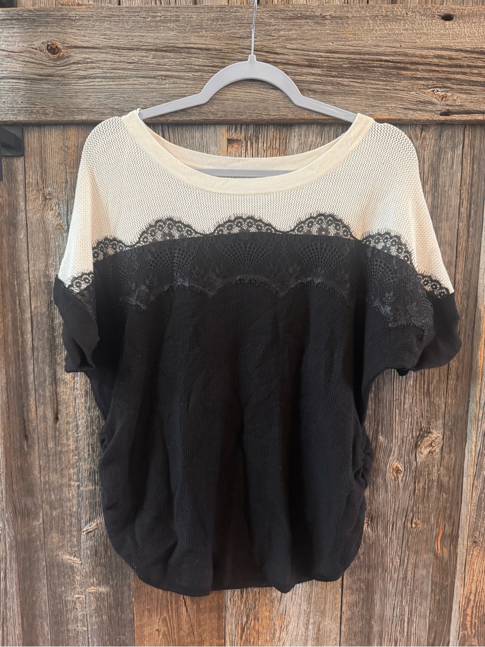 Two-Tone Cream and Black Lace-Trim Short Sleeve Top - Women